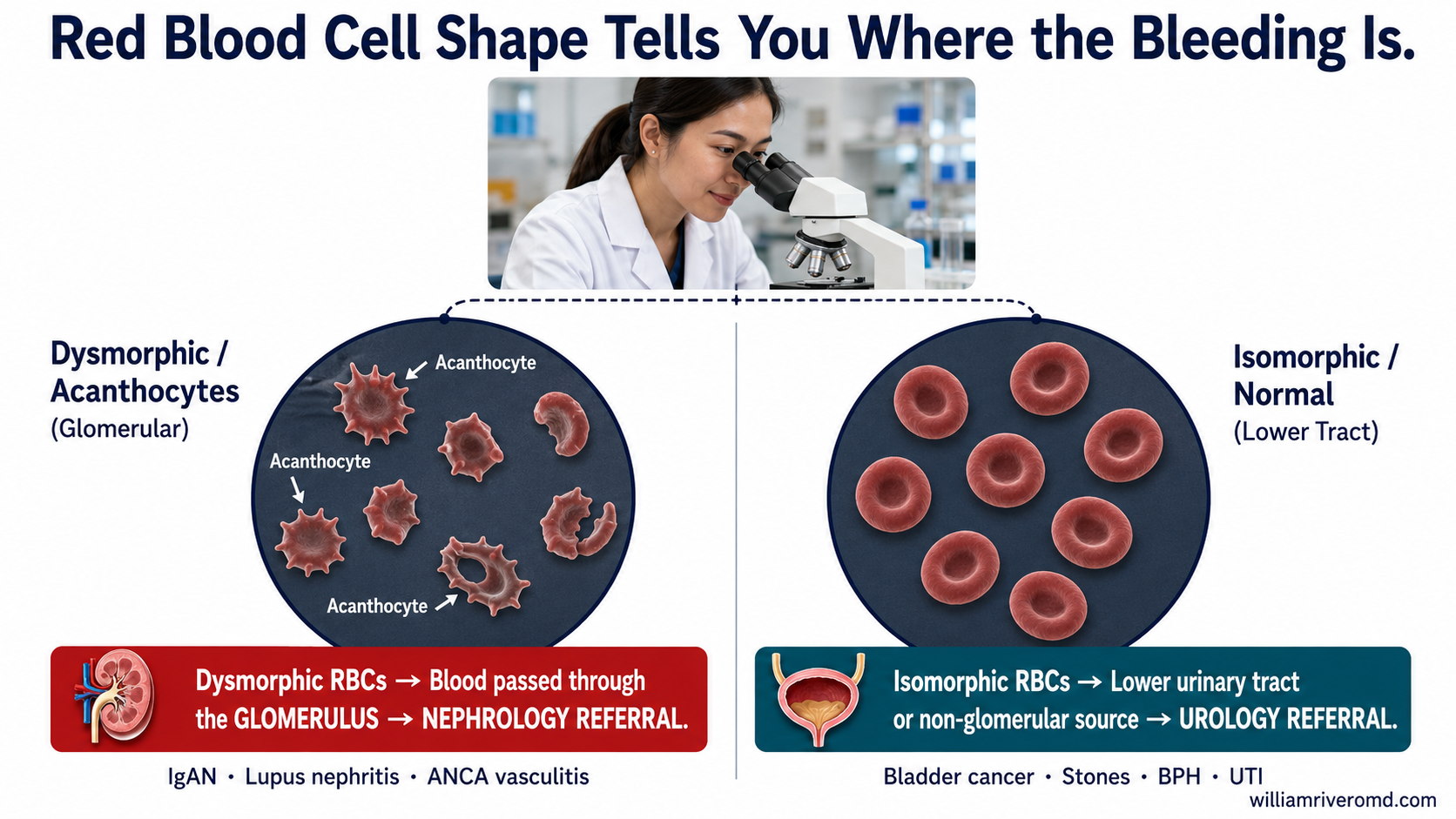 Red Blood Cell Shape Tells You Where the Bleeding Is — dysmorphic acanthocytes (glomerular, nephrology referral) vs isomorphic normal RBCs (lower tract, urology referral), Filipino lab scientist at microscope