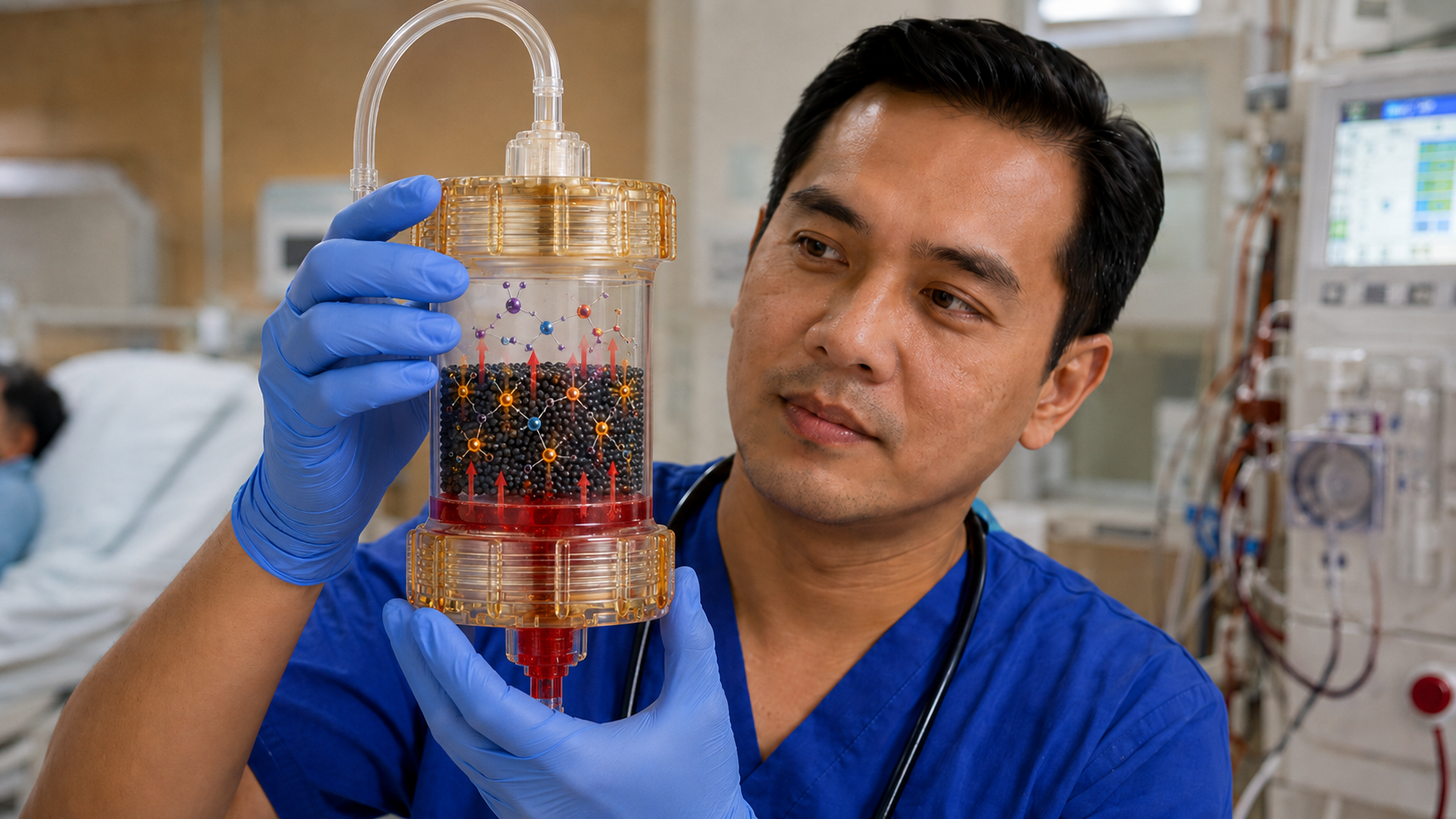 Filipino nephrologist holding a hemoperfusion cartridge showing adsorptive beads trapping toxins inside