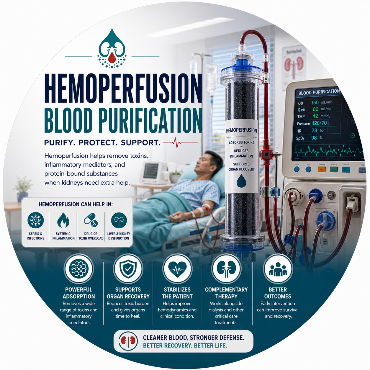 Circular vignette hero illustration for the hemoperfusion and blood purification guide.