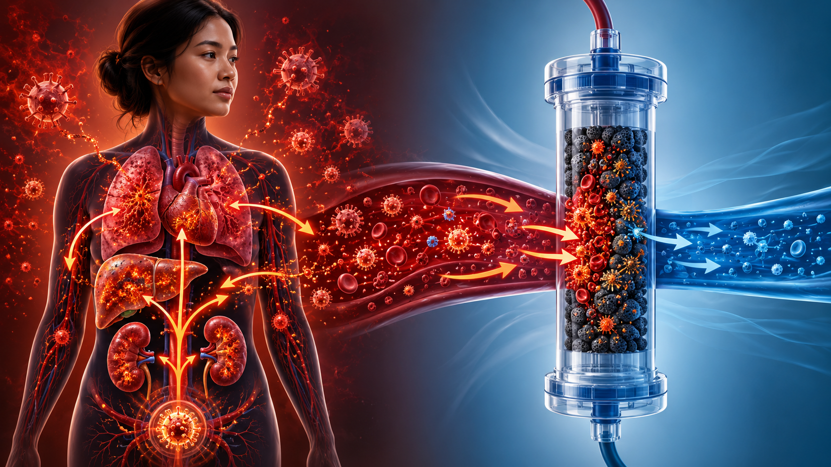 Illustration of cytokine storm cascade showing organ inflammation being intercepted by hemoperfusion cartridge