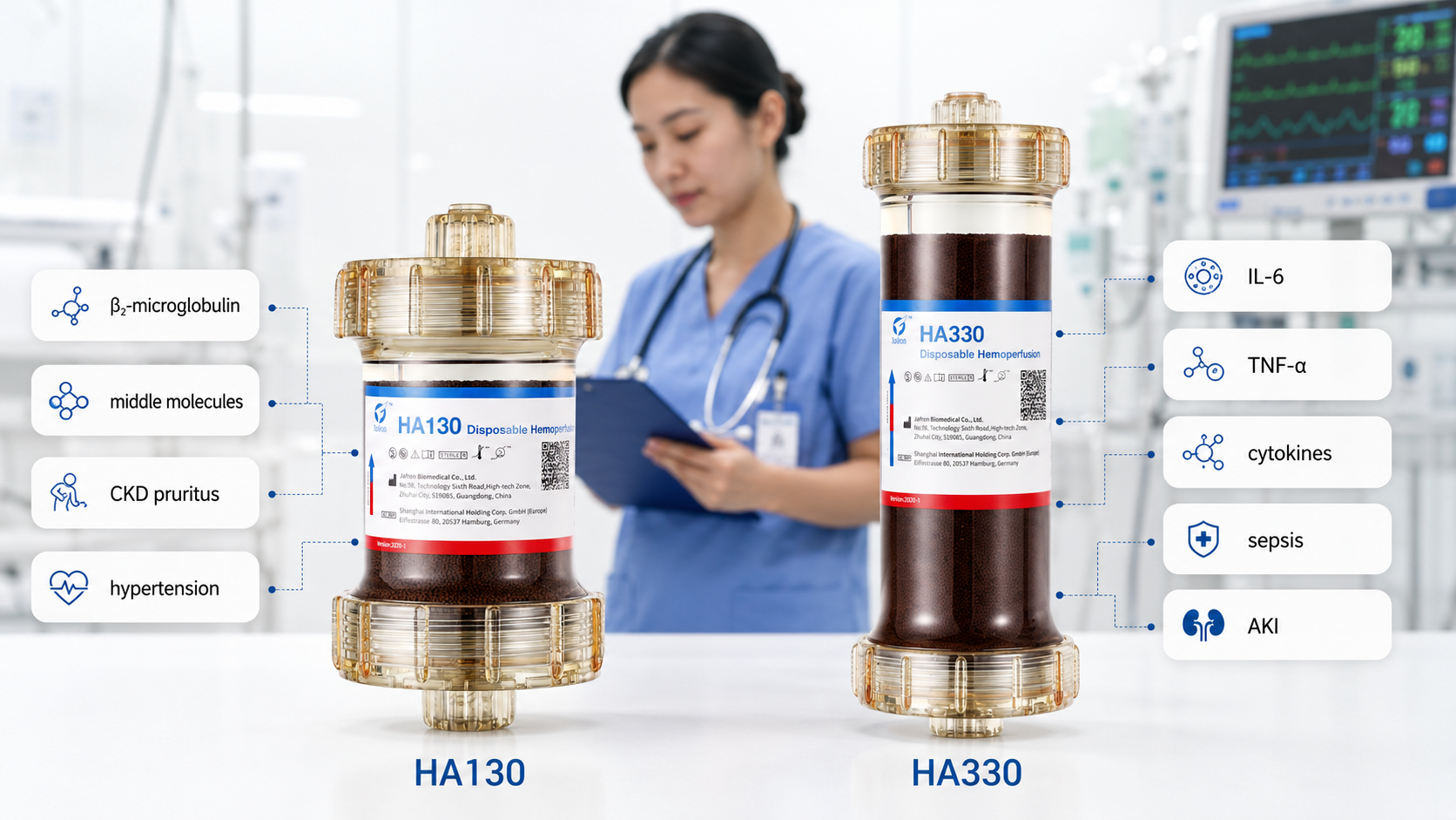 Side-by-side comparison of Jafron HA130 and HA330 hemoperfusion cartridges with their respective clinical indications