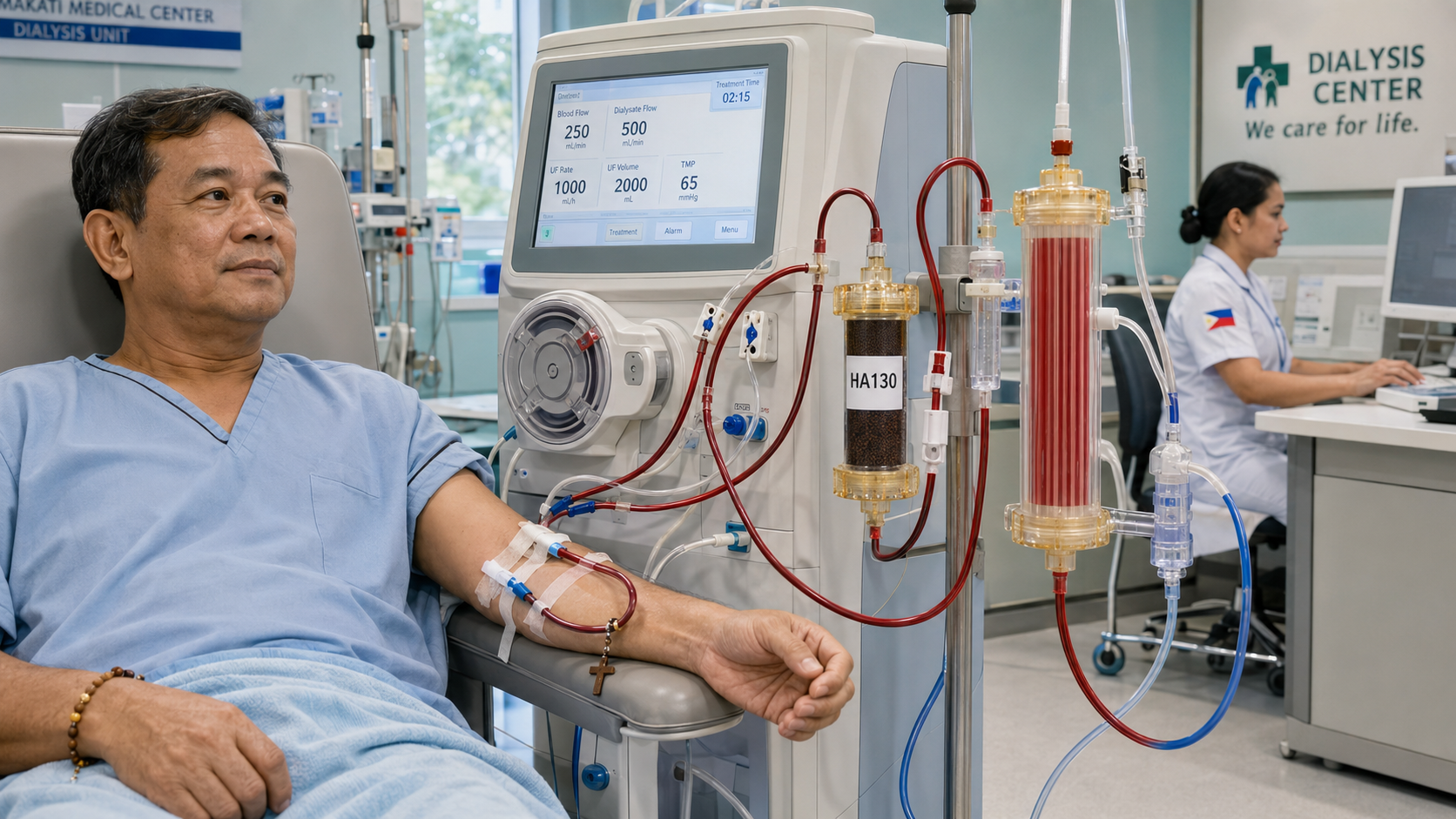 Filipino dialysis patient at Makati Medical Center undergoing HPHD with HA130 hemoperfusion cartridge visible in-line with hemodialyzer