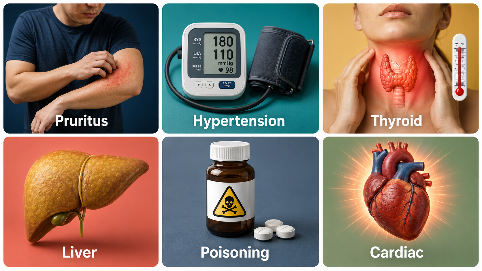 Six-panel grid showing hemoperfusion indications: pruritus, hypertension, thyroid storm, liver failure, poisoning, cardiac complications