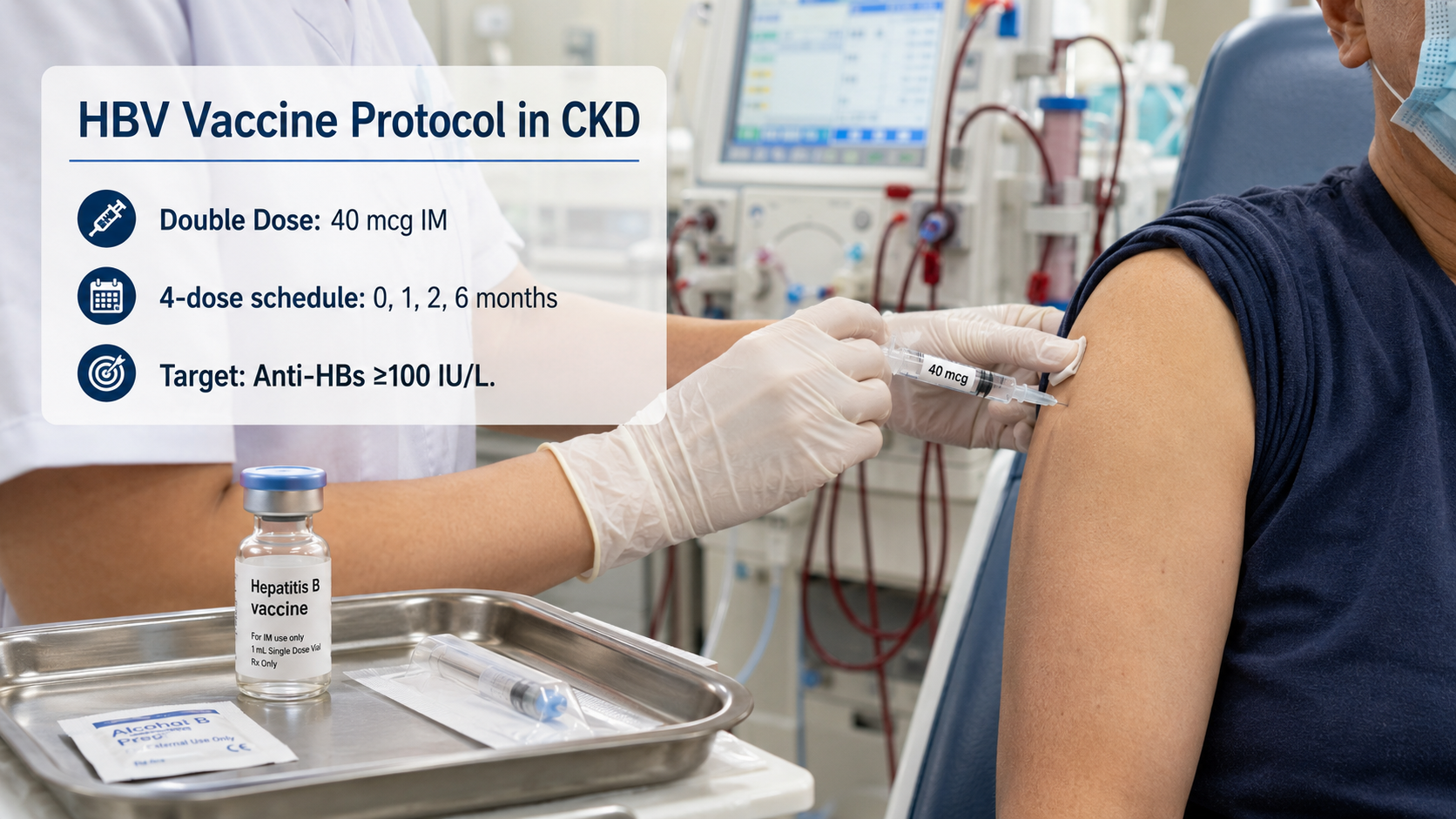 Healthcare worker administering 40 mcg hepatitis B vaccine injection into the deltoid of a dialysis patient, with protocol overlay: double dose 40 mcg IM, 4-dose schedule at 0/1/2/6 months, target Anti-HBs ≥100 IU/L