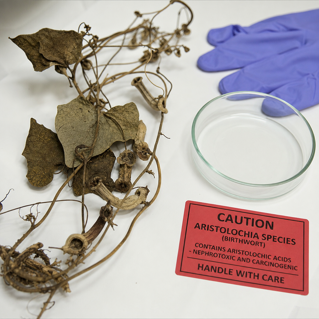 Dried Aristolochia vine specimen on a laboratory surface with red warning label — the most dangerous nephrotoxic herb