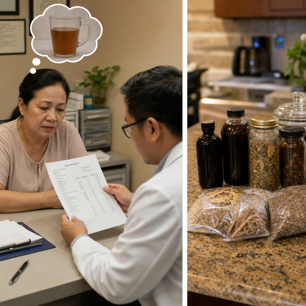 The Diagnostic Gap — Filipino patient in consultation not disclosing herbal use to doctor, with herbal bottles shown at home