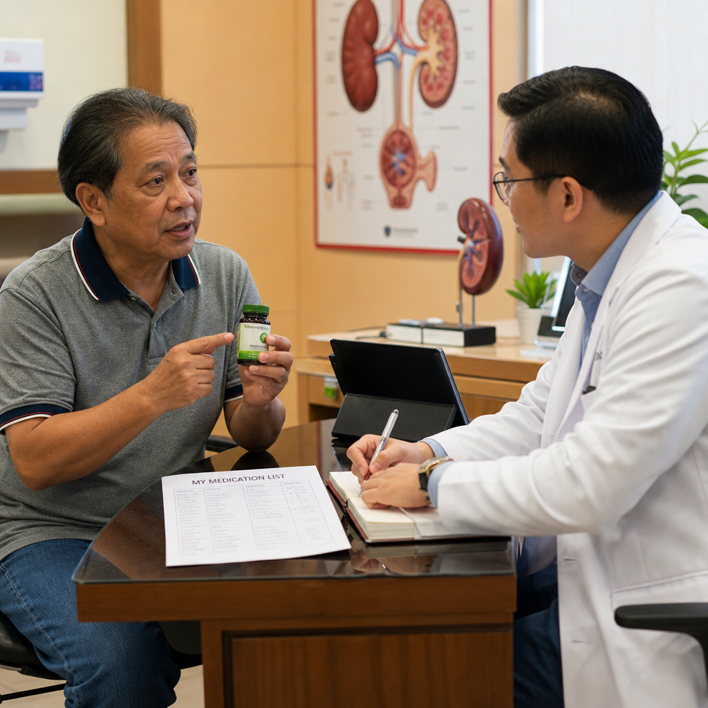 Filipino patient showing a herbal supplement bottle to his nephrologist in a clinic, with open, non-judgmental body language