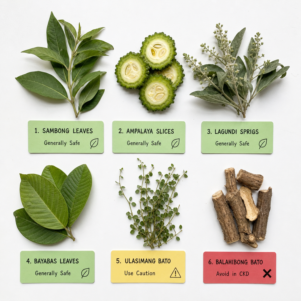 Six DOH-approved Philippine medicinal plant specimens arranged in a grid with color-coded safety tags for CKD patients
