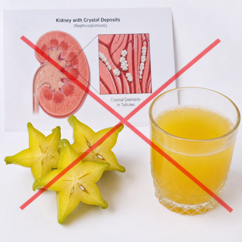 Sliced star fruit (balimbing) and juice with a red X warning overlay, and a kidney illustration showing crystal deposits