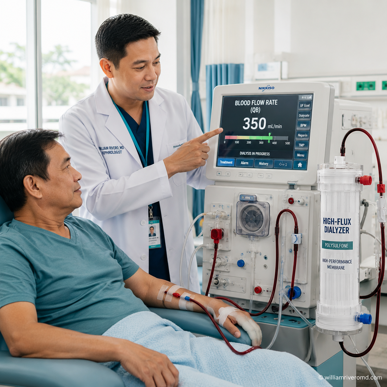 Filipino nephrologist explaining blood flow rate optimization to a hemodialysis patient at the dialysis machine