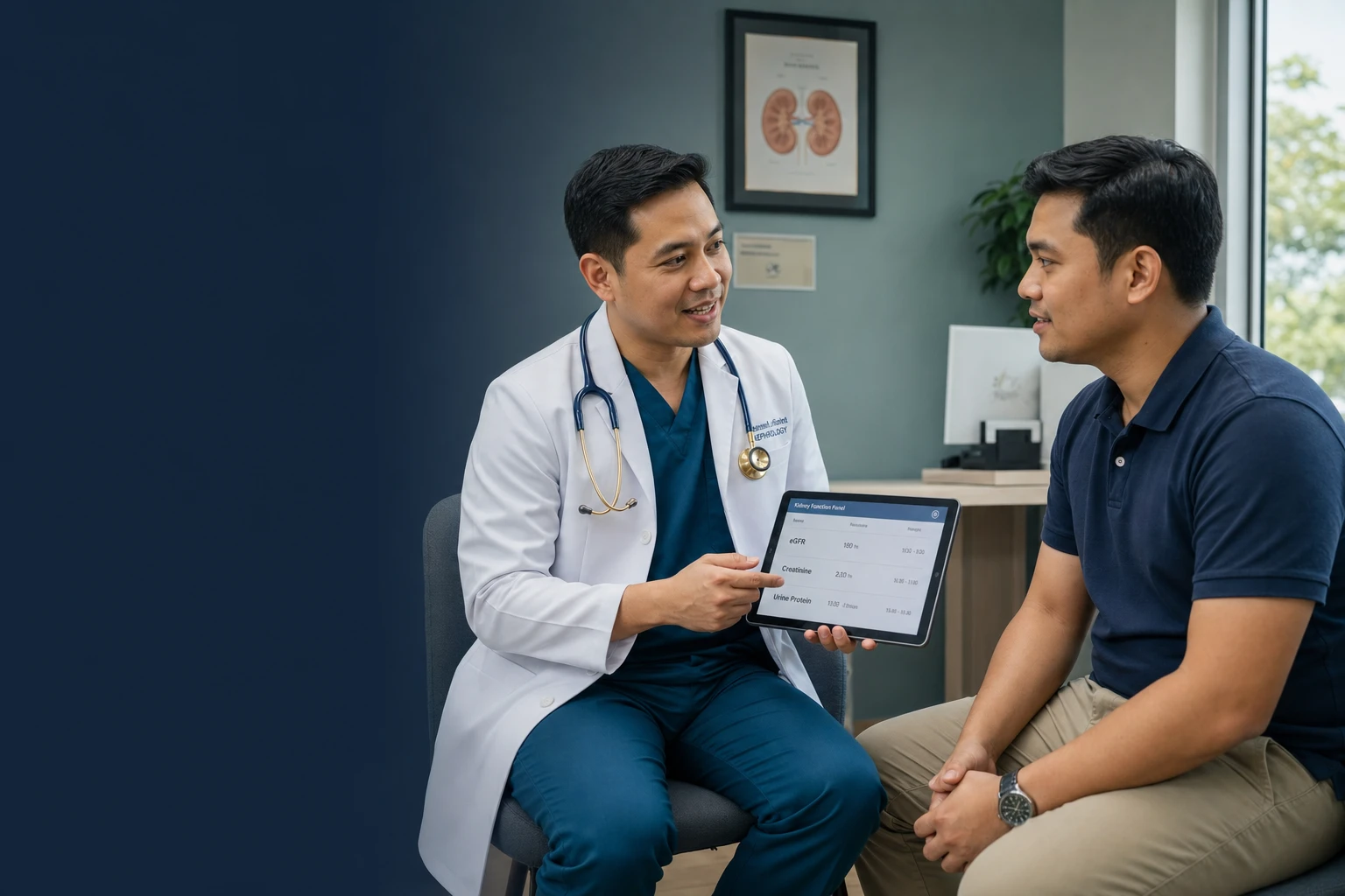 Filipino nephrologist consulting with a patient about HIVAN kidney disease