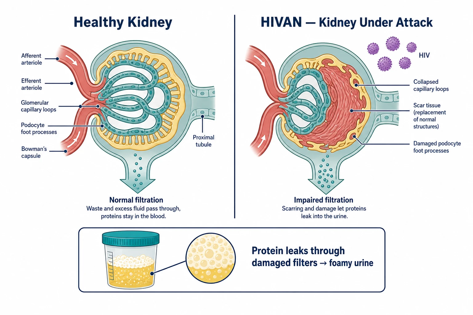 How HIV damages the kidney — healthy glomerulus vs HIVAN collapsing FSGS