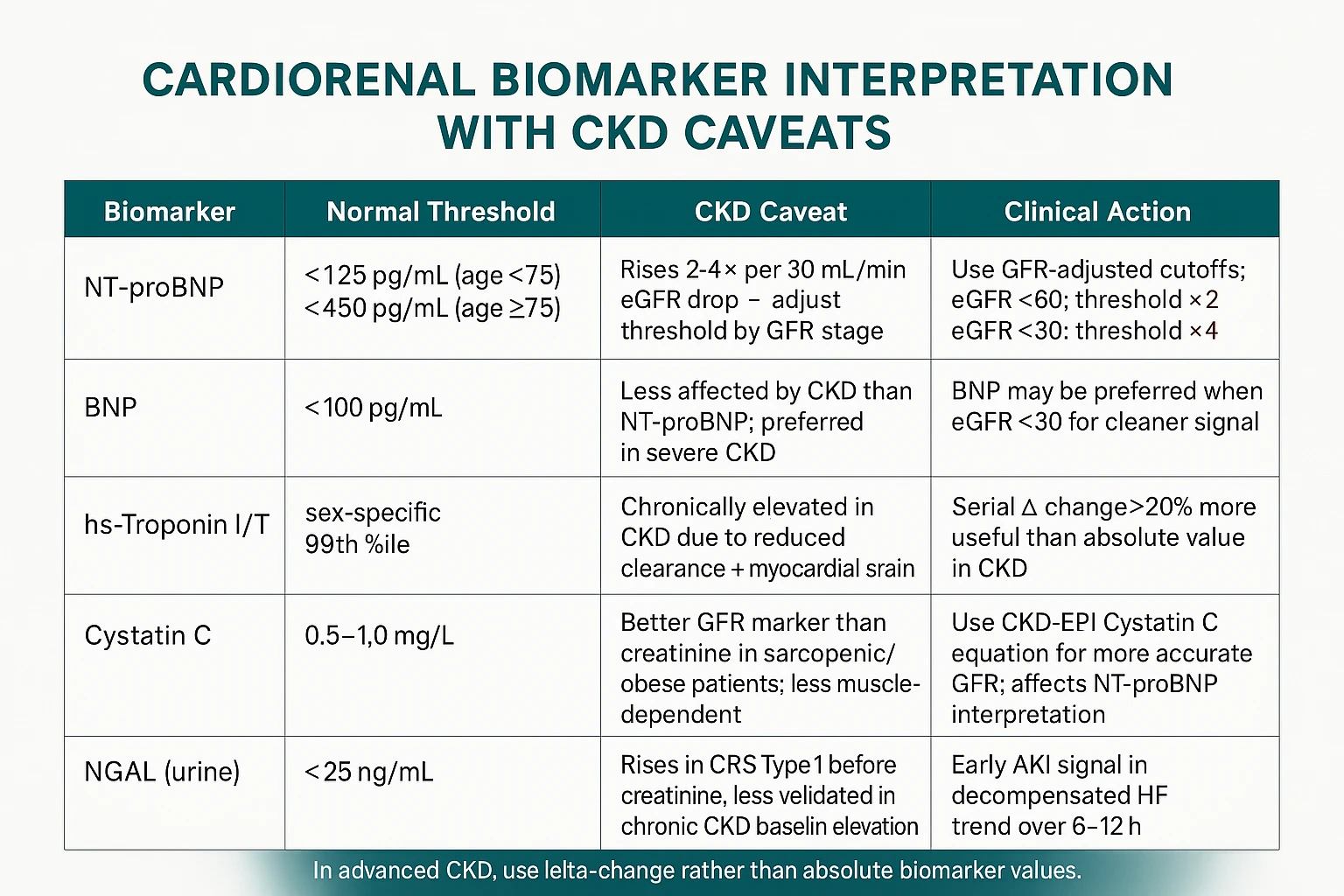 Cardiorenal Biomarker Interpretation reference table: NT-proBNP, BNP, hs-Troponin, Cystatin C, and NGAL — each with normal threshold, CKD caveat, and clinical action. GFR-adjusted thresholds and delta-change guidance highlighted.