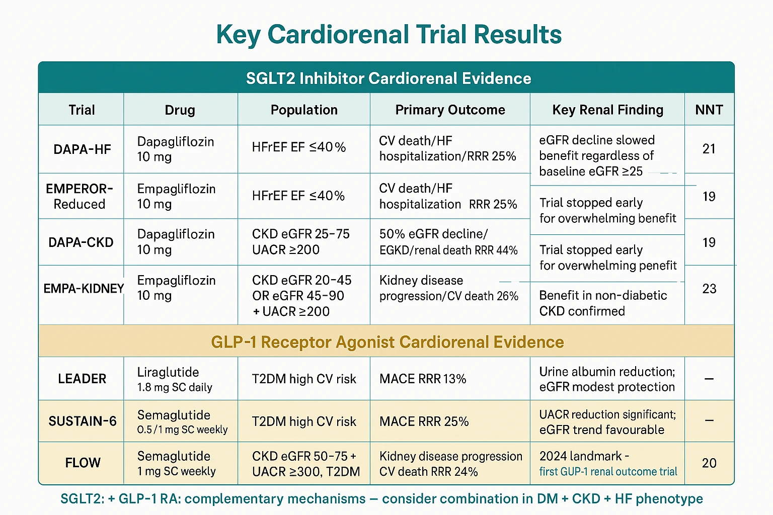 Key cardiorenal trial evidence table: SGLT2 inhibitors (DAPA-HF, EMPEROR-Reduced, DAPA-CKD, EMPA-KIDNEY) and GLP-1 receptor agonists (LEADER, SUSTAIN-6, FLOW 2024) — population, primary outcome, key renal finding, and NNT for each trial