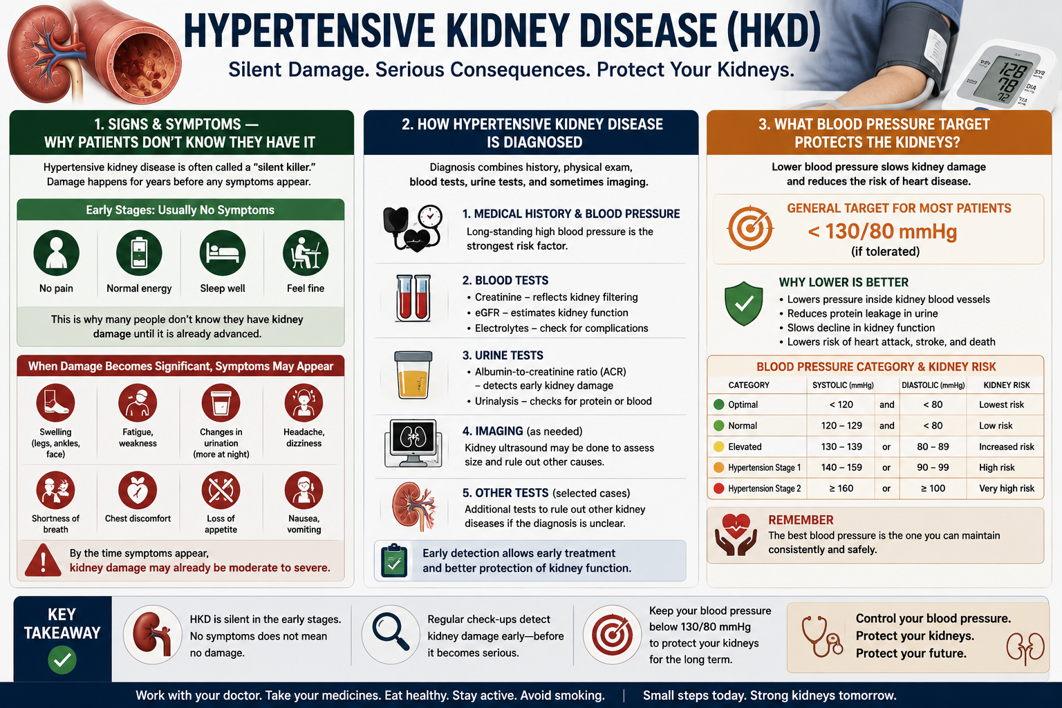 Hypertensive Kidney Disease — signs and symptoms, how it is diagnosed (blood tests, urine tests, imaging), and what blood pressure target protects the kidneys