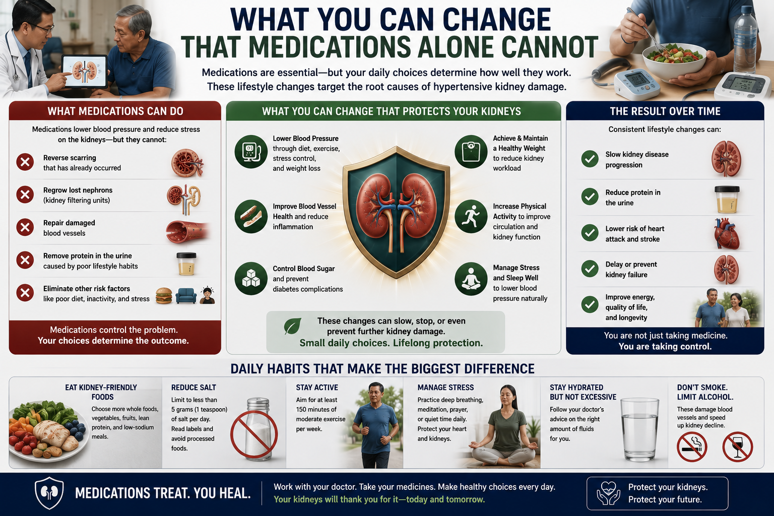 What You Can Change That Medications Alone Cannot — lifestyle modifications that protect the kidneys: lower BP, blood vessel health, blood sugar control, healthy weight, physical activity, stress management, and daily habits