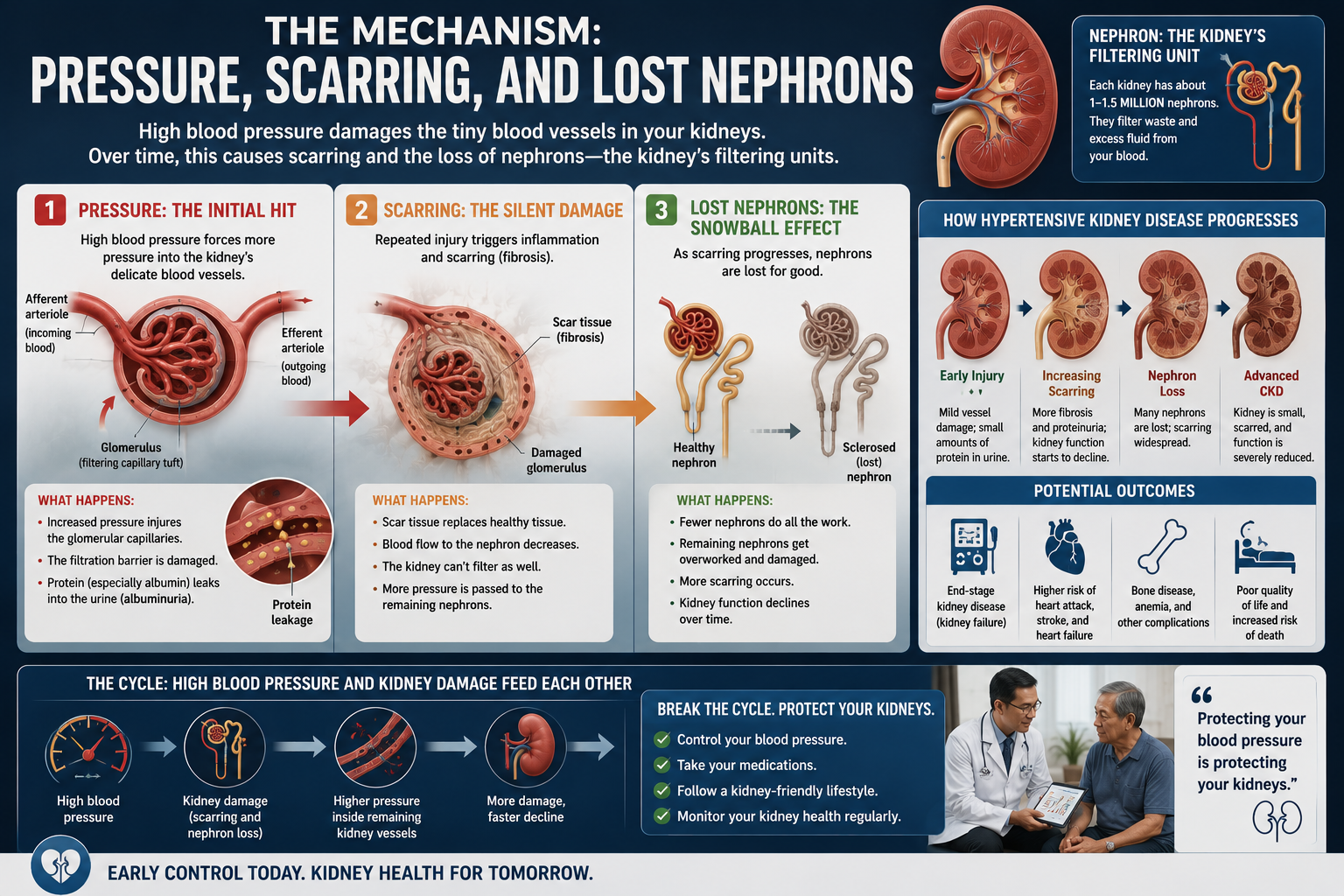 The Mechanism: Pressure, Scarring, and Lost Nephrons — how high blood pressure damages glomeruli, the cycle of nephron loss, and how to break it