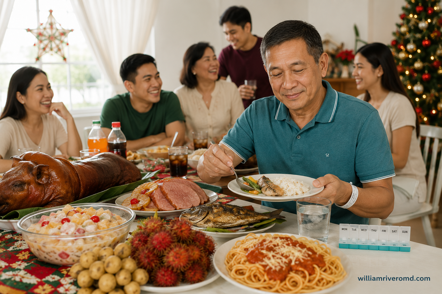 Filipino family Noche Buena table laden with lechon, fruit salad, rambutan, lanzones, and soft drinks, with a dialysis patient choosing a small planned plate