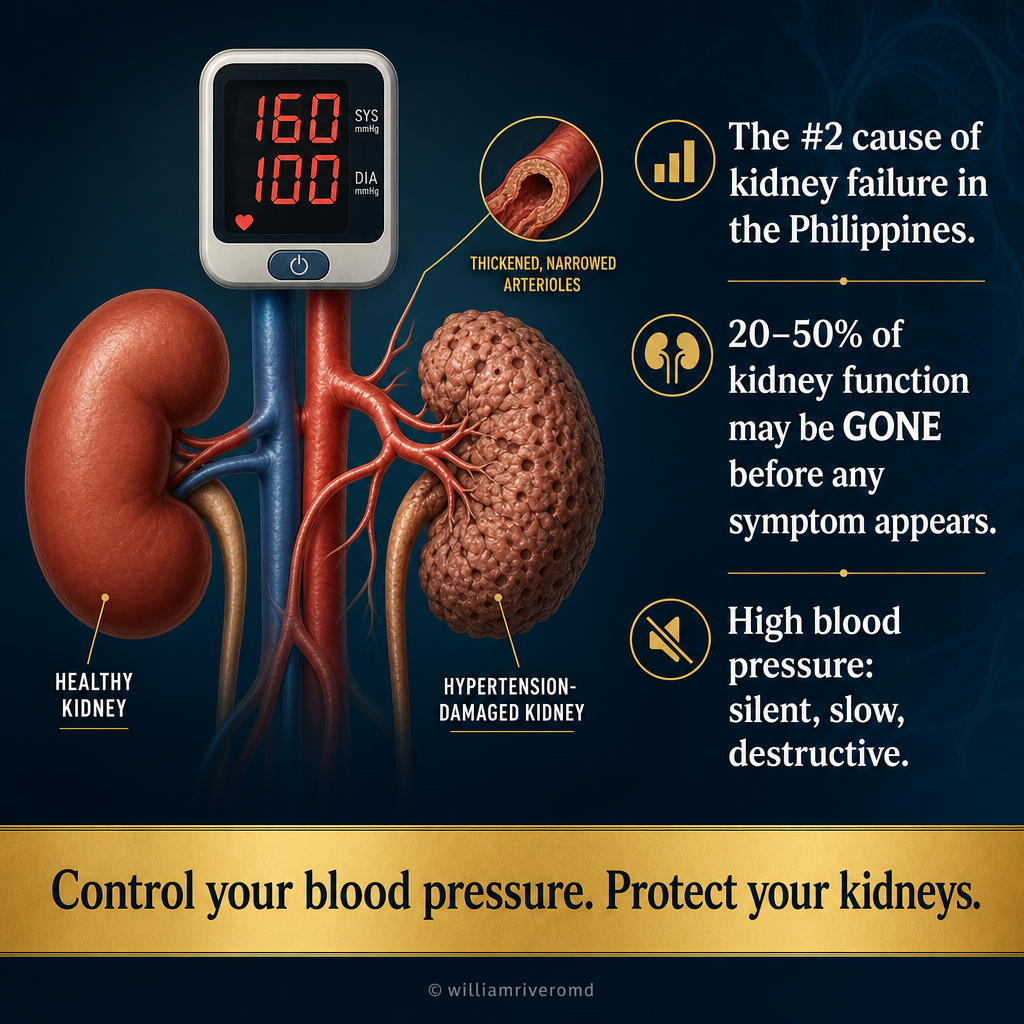 Hypertensive kidney disease hero — healthy kidney versus shrunken scarred hypertensive kidney with blood pressure reading 160/100 mmHg; text: #2 cause of kidney failure in the Philippines, 20–50% function gone before symptoms appear