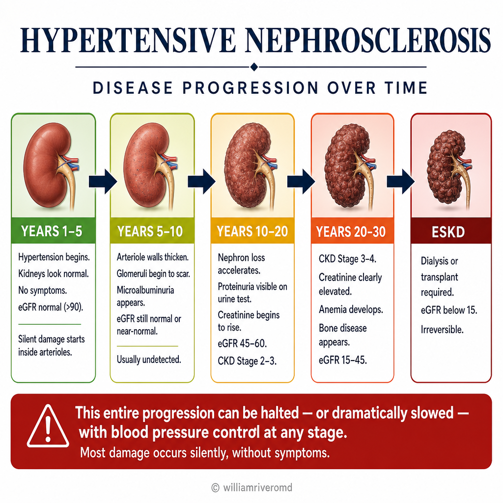 Hypertensive nephrosclerosis progression over time — five stages from Years 1–5 (normal eGFR, silent damage) through Years 5–10 (microalbuminuria), Years 10–20 (proteinuria, eGFR 45–60), Years 20–30 (CKD 3–4, anemia) to ESKD (dialysis required); banner: this entire progression can be halted with BP control