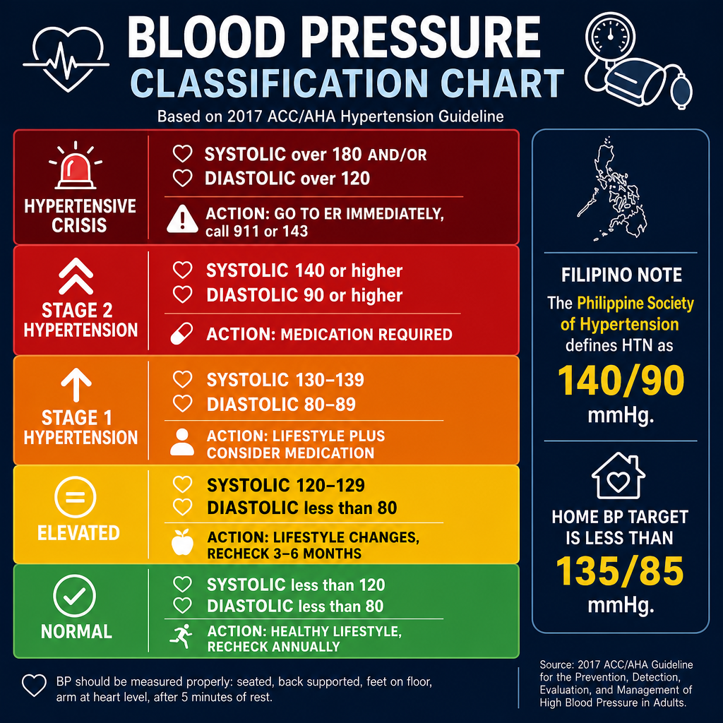 Blood pressure classification color chart: five color-coded bands — Normal (green, under 120/80), Elevated (yellow, 120-129), Stage 1 HTN (orange, 130-139/80-89), Stage 2 HTN (red, 140+/90+), Hypertensive Crisis (dark red, over 180/120) with Philippine Society of Hypertension annotation