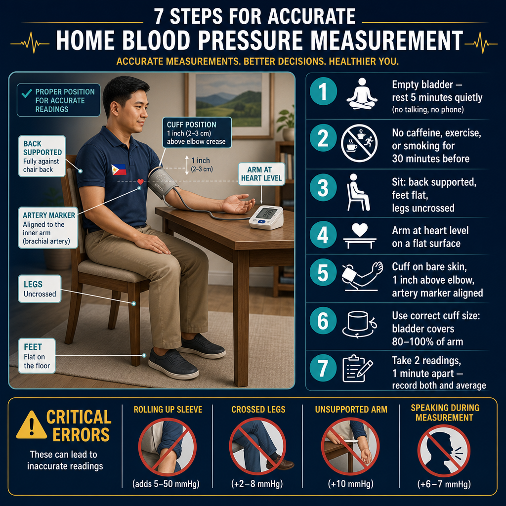 7-step blood pressure measurement technique: rest 5 min, empty bladder, no caffeine/exercise 30 min, sit back supported feet flat, arm at heart level, cuff 1 inch above elbow on bare skin, two readings 1 min apart — with critical errors box showing common mistakes