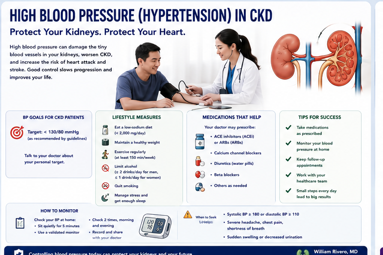 High Blood Pressure (Hypertension) in CKD infographic: BP goals (target <130/80 mmHg), lifestyle measures, medications that help (ACE inhibitors, ARBs, calcium channel blockers, diuretics, beta blockers), tips for success, how to monitor BP, and when to seek help.