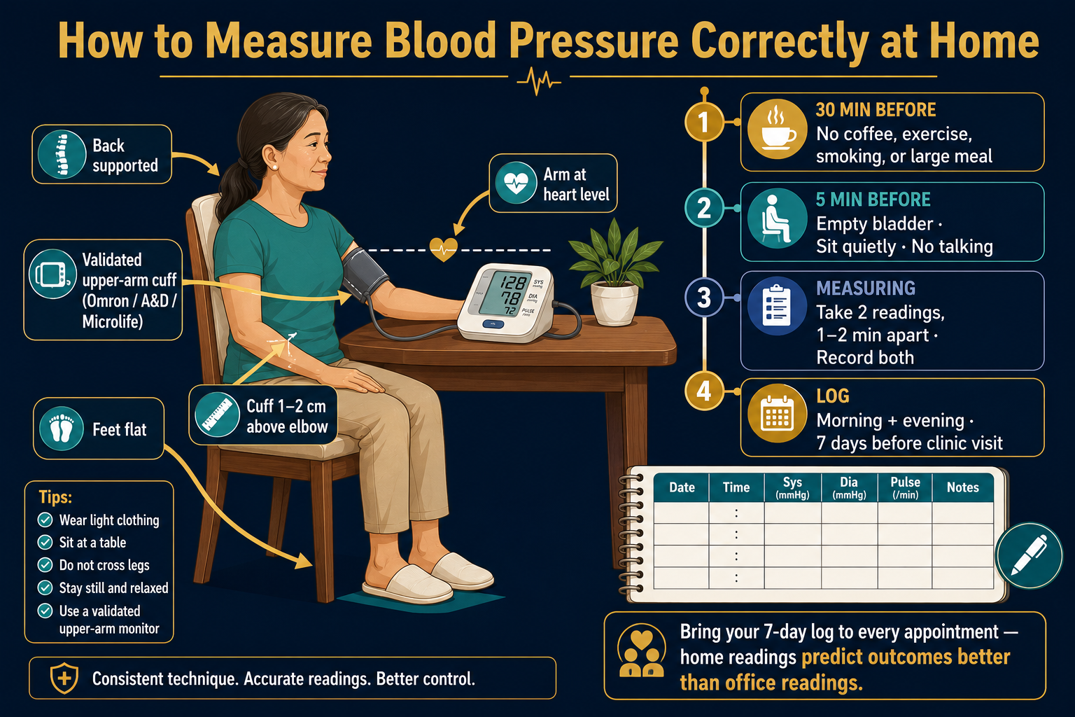 Home blood pressure monitoring technique infographic: Filipino patient seated with back supported, feet flat, arm at heart level, validated upper-arm cuff 1–2 cm above elbow. Four-step timeline: 30 min before no coffee or exercise, 5 min before sit quietly, take 2 readings 1–2 minutes apart, log morning and evening for 7 days before clinic visit.