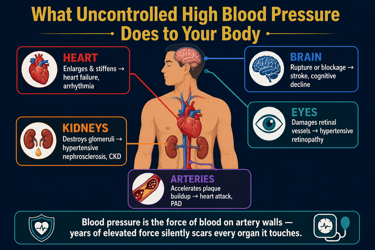 Body map infographic showing organs damaged by uncontrolled hypertension: heart (enlarges, heart failure), kidneys (nephrosclerosis, CKD), brain (stroke, cognitive decline), eyes (hypertensive retinopathy), arteries (plaque buildup, heart attack).