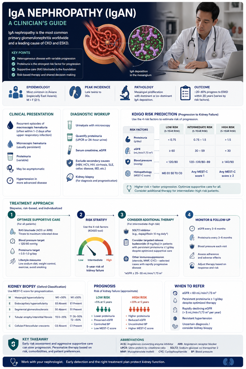 IgA Nephropathy clinician's guide: epidemiology (most common in Asians, M>F 2:1), clinical presentation, diagnostic workup, KDIGO risk prediction table (low/intermediate/high 5-year risk), stepwise treatment approach (supportive care → risk stratify → additional therapy → monitor), kidney biopsy Oxford MEST-C classification, prognosis, and when to refer.