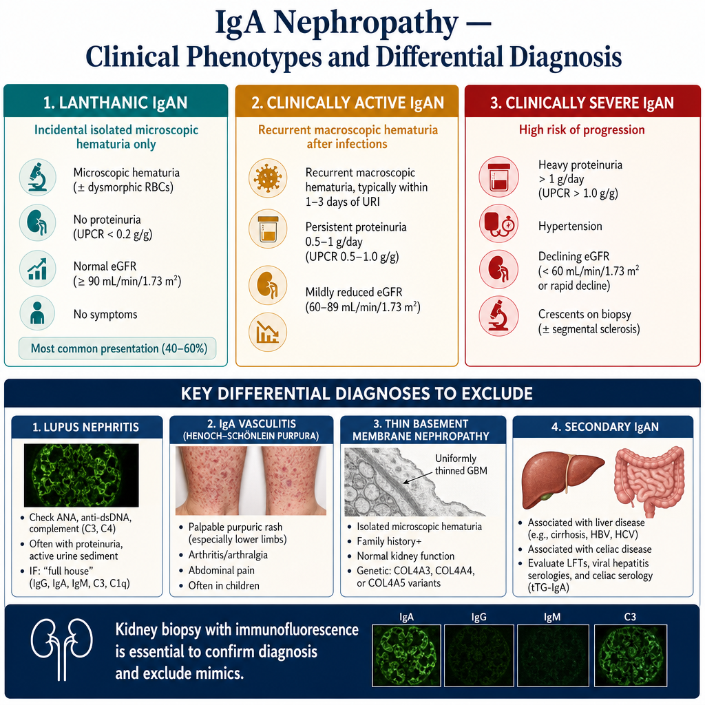 IgA Nephropathy clinical phenotypes and differential diagnosis — lanthanic, clinically silent, clinically overt; lupus nephritis, IgA vasculitis, TBMN
