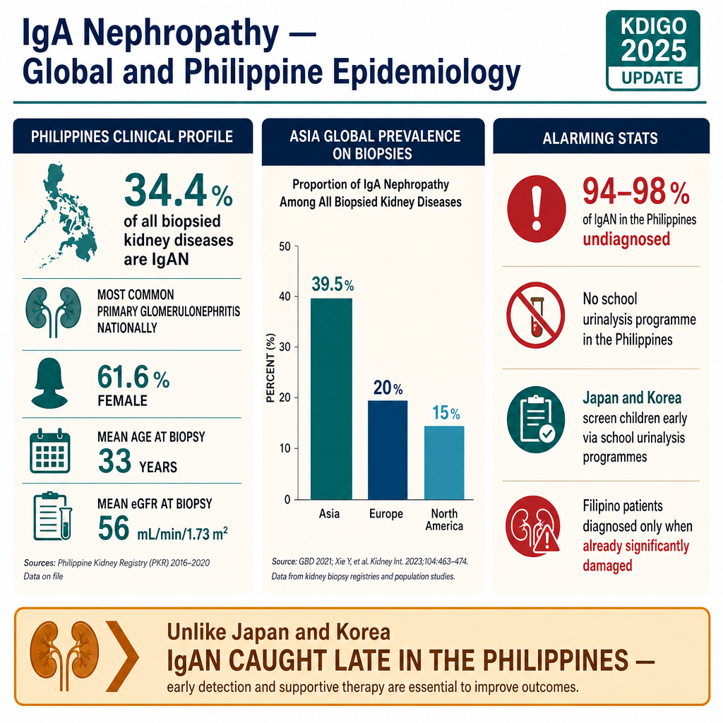 IgA Nephropathy global and Philippine epidemiology — NKTI 34.4% of GN biopsies, Asia 39.5%, 98% undiagnosed in Philippines