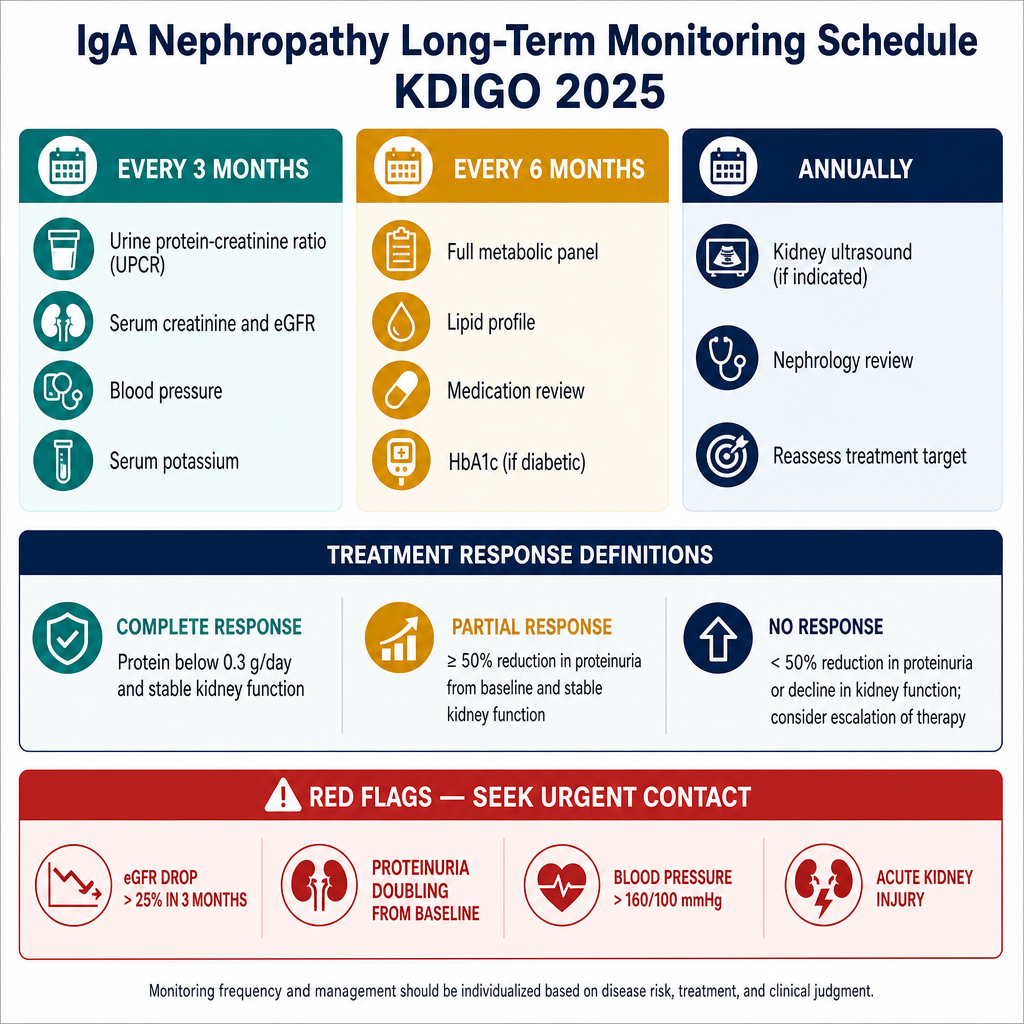 IgA Nephropathy long-term monitoring schedule KDIGO 2025 — UPCR, eGFR, blood pressure, potassium every 3-6 months