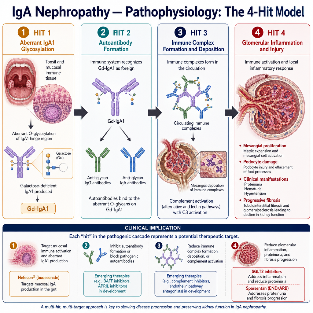 IgA Nephropathy pathophysiology — the 4-hit model: aberrant IgA1 production, autoantibody formation, immune complex deposition, glomerular injury