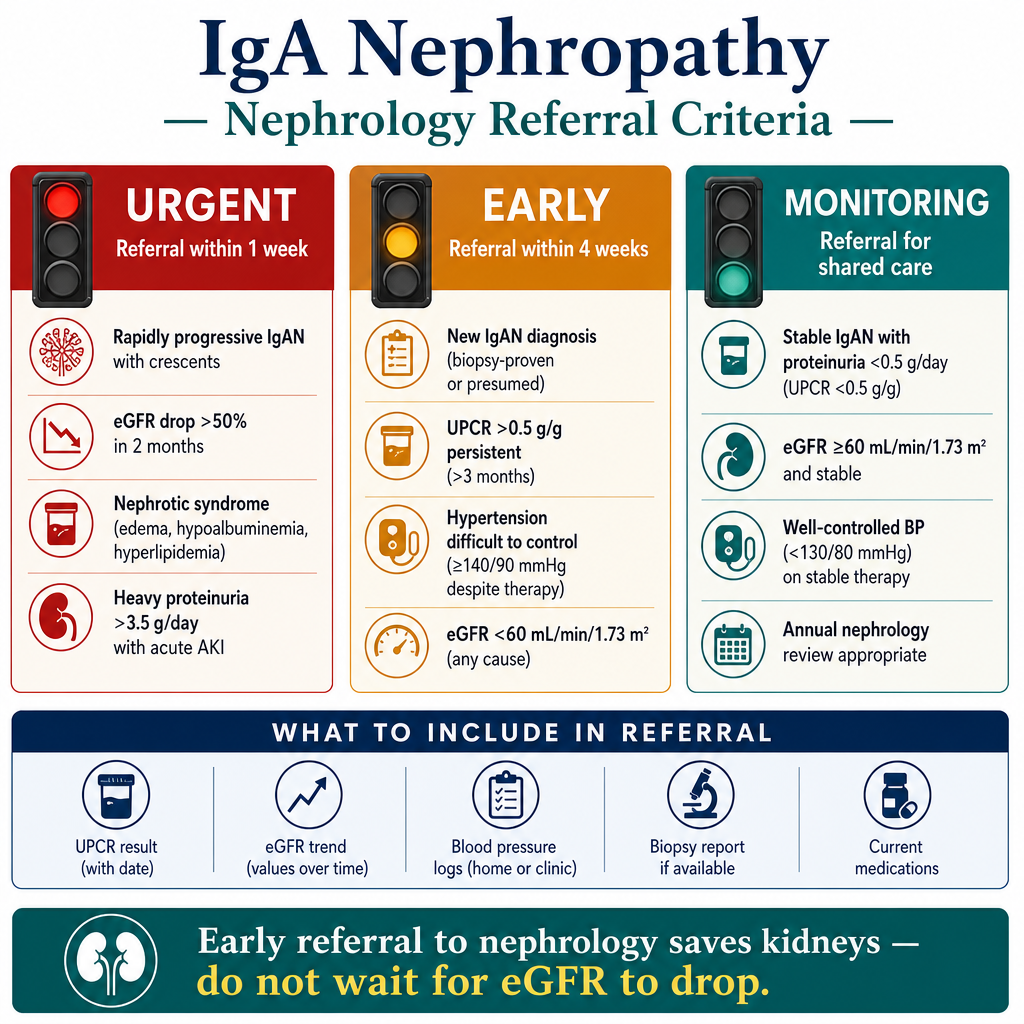 IgA Nephropathy nephrology referral criteria — urgent, early, and monitoring referral categories with traffic light classification
