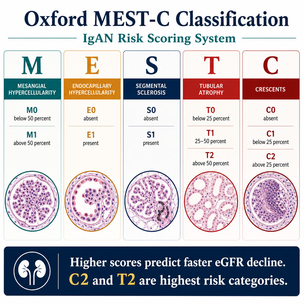 Oxford MEST-C Classification — Mesangial, Endocapillary, Segmental, Tubular atrophy, Crescents scoring for IgAN prognosis