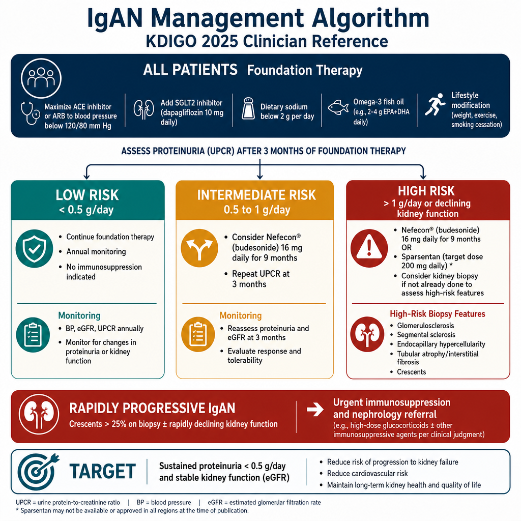 IgAN KDIGO 2025 management algorithm — foundation, targeted therapy with Nefecon/sparsentan, rapidly progressive IgAN protocol