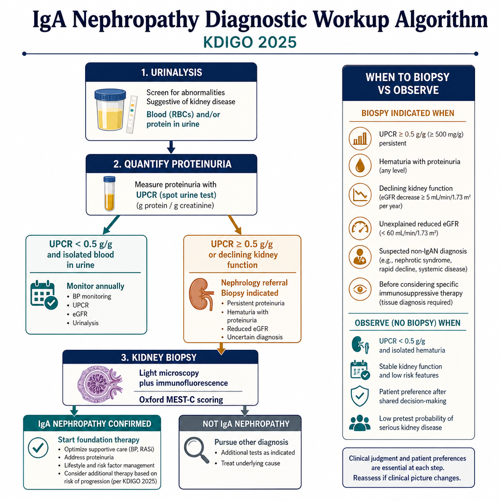 IgA Nephropathy diagnostic workup algorithm KDIGO 2025 — urinalysis, UPCR threshold 0.5 g/g, biopsy indications, Oxford MEST-C scoring