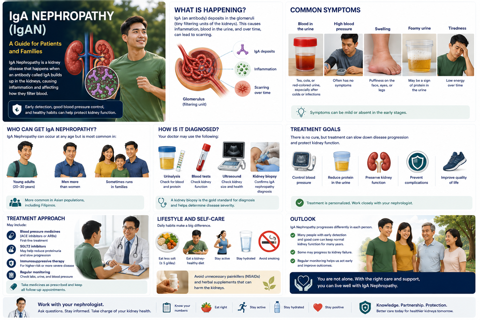 IgA Nephropathy guide: IgA deposits cause inflammation and scarring in the glomeruli. Common symptoms include blood in urine, high blood pressure, swelling, foamy urine, and tiredness. Diagnosed by urinalysis, blood tests, ultrasound, and kidney biopsy. Treatment includes blood pressure medicines, SGLT2 inhibitors, and immunosuppressive therapy. Outlook: many patients with early detection can keep normal kidney function for years.