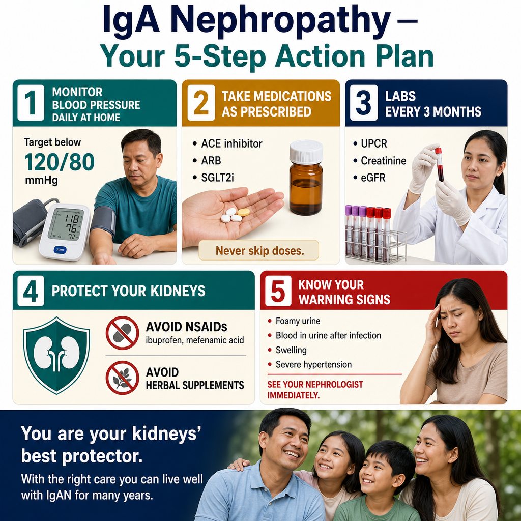 IgA Nephropathy patient action plan — 5 steps: blood pressure monitoring, medication adherence, labs every 3 months, kidney protection, warning signs