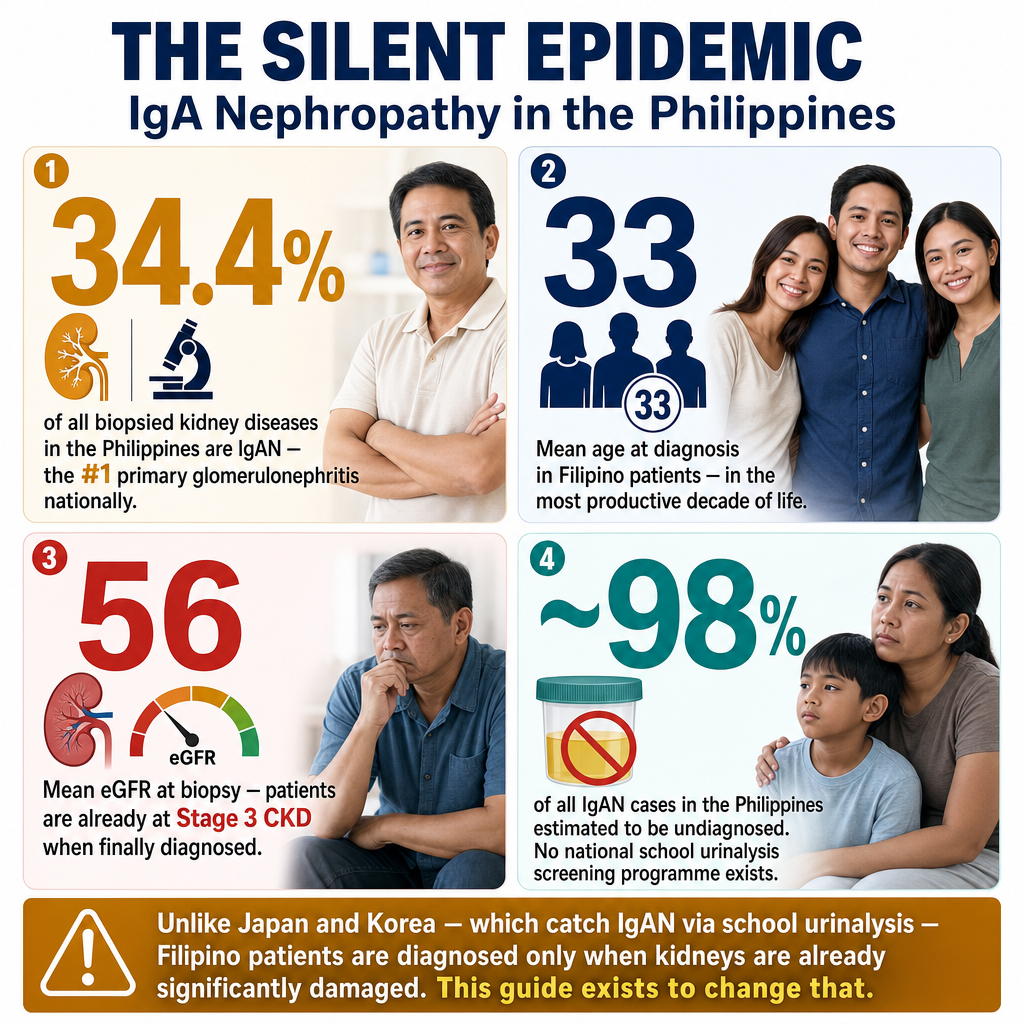 IgA Nephropathy silent epidemic in the Philippines — 34.4% of biopsied kidney diseases, mean age 33, eGFR 56 at diagnosis