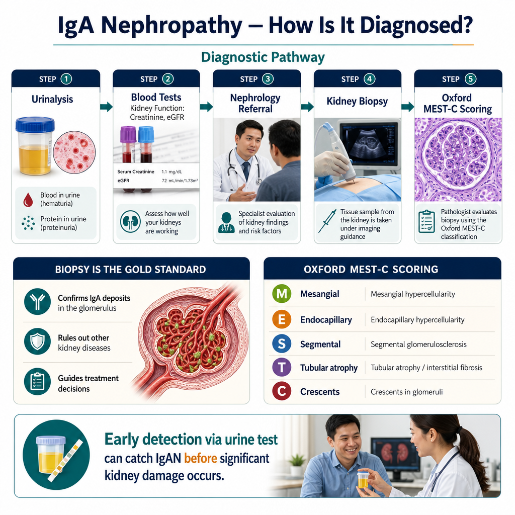 IgA Nephropathy diagnostic pathway — from urinalysis trigger to blood tests, nephrology referral, biopsy, and Oxford MEST-C scoring