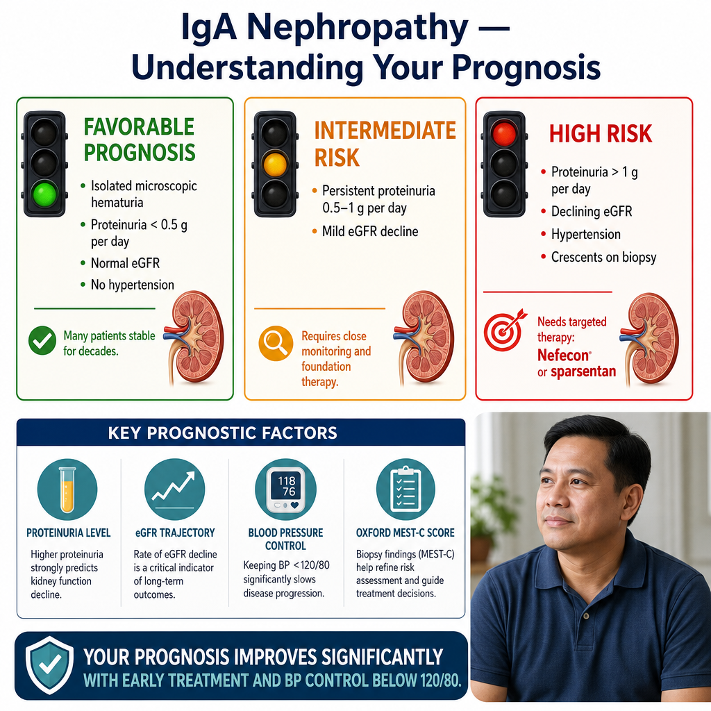 IgA Nephropathy prognosis tiers — favorable (isolated hematuria), intermediate (0.5-1g proteinuria), high risk (>1g/day, declining eGFR)