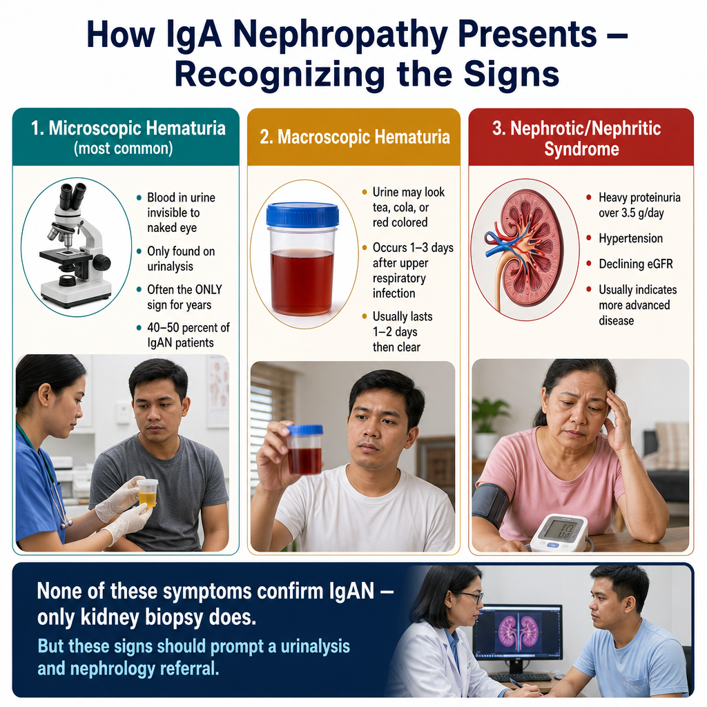 IgA Nephropathy presentation types — microscopic hematuria, synpharyngitic macroscopic hematuria, nephrotic/nephritic syndrome