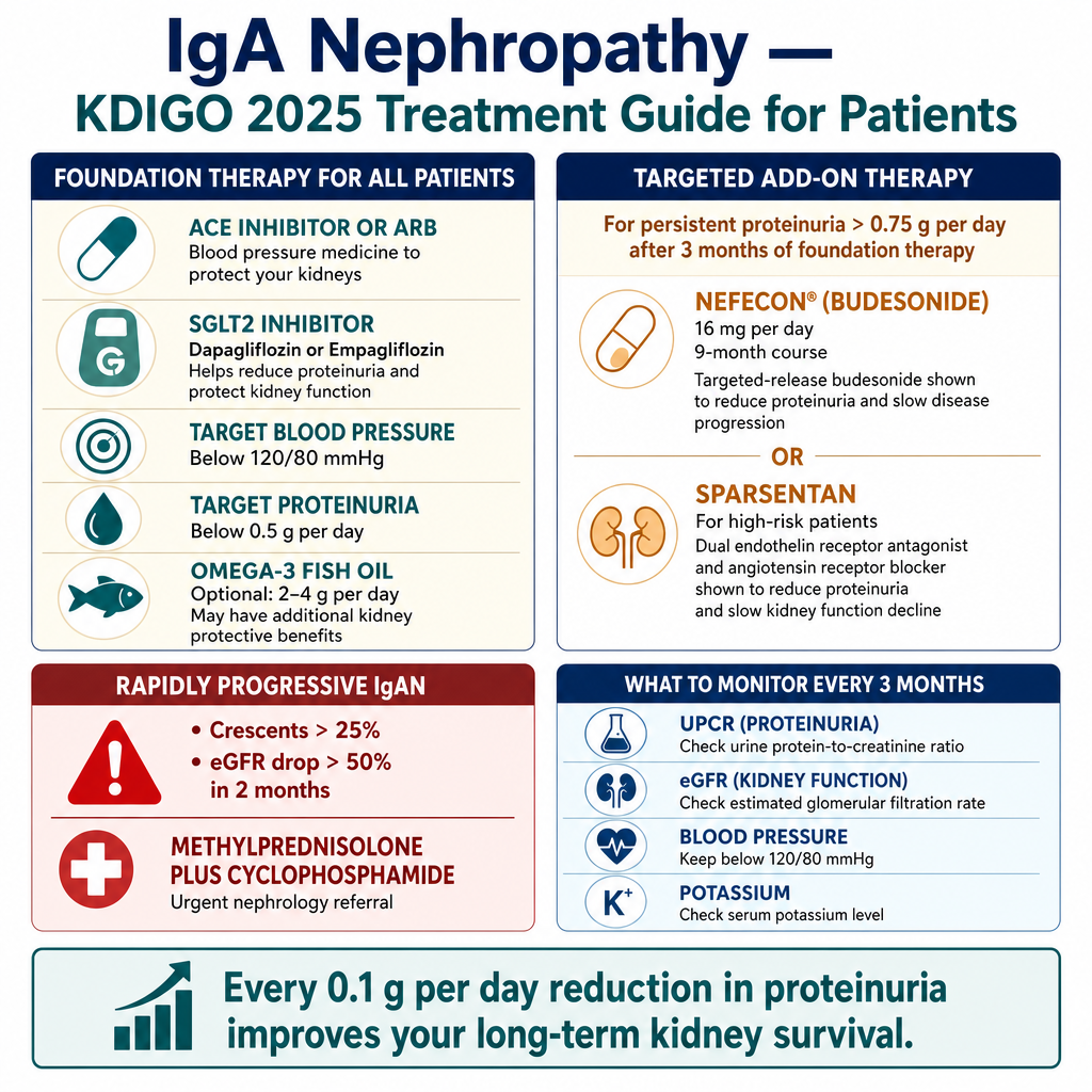IgA Nephropathy KDIGO 2025 treatment guide — foundation therapy (SGLT2i + RAS), Nefecon for persistent proteinuria, sparsentan for high risk
