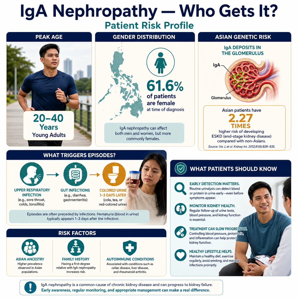 IgA Nephropathy who gets it — Asian genetic risk, Filipino demographics, peak age 20-40, triggers