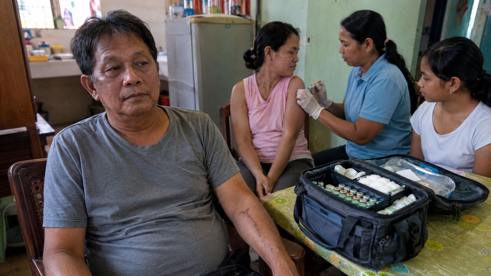 Filipino man with hemodialysis fistula scar seated in the foreground while a barangay health worker vaccinates a household member in the background — illustrating the influenza cocooning strategy