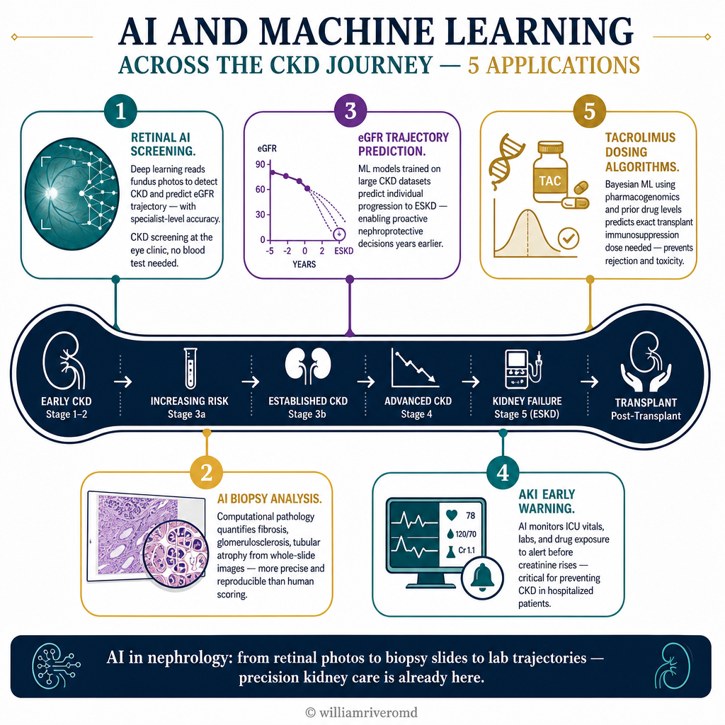 AI applications across the CKD journey: retinal AI screening detects CKD from fundus photos; AI biopsy analysis quantifies fibrosis and glomerulosclerosis; eGFR trajectory prediction enables proactive intervention; AKI early warning in ICU; tacrolimus dosing algorithms prevent rejection and toxicity in transplant