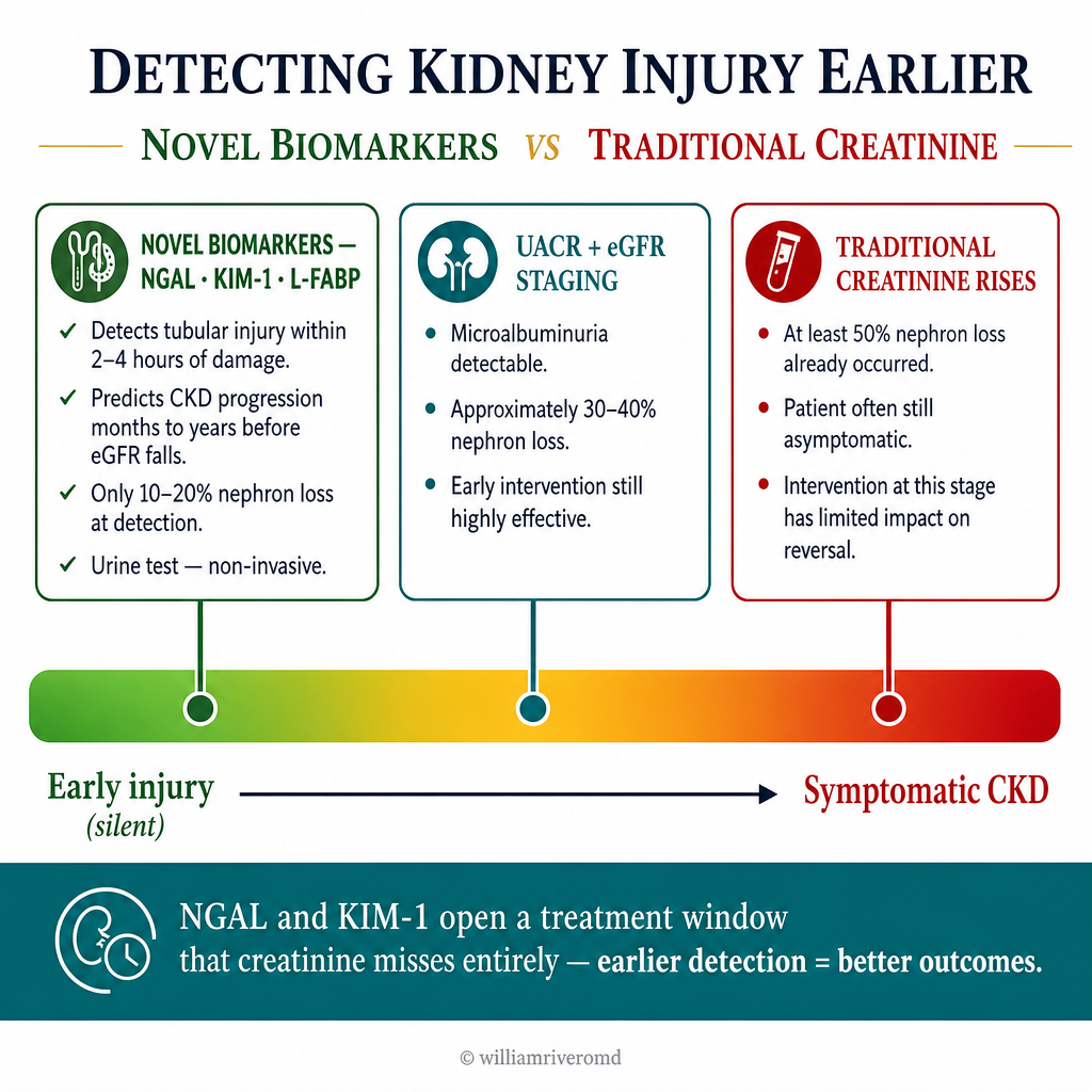 Timeline of kidney injury detection: novel biomarkers NGAL and KIM-1 detect tubular injury at 10-20% nephron loss (hours after injury); UACR detects at 30-40% nephron loss; creatinine only rises after 50% nephron loss — missing years of treatable window