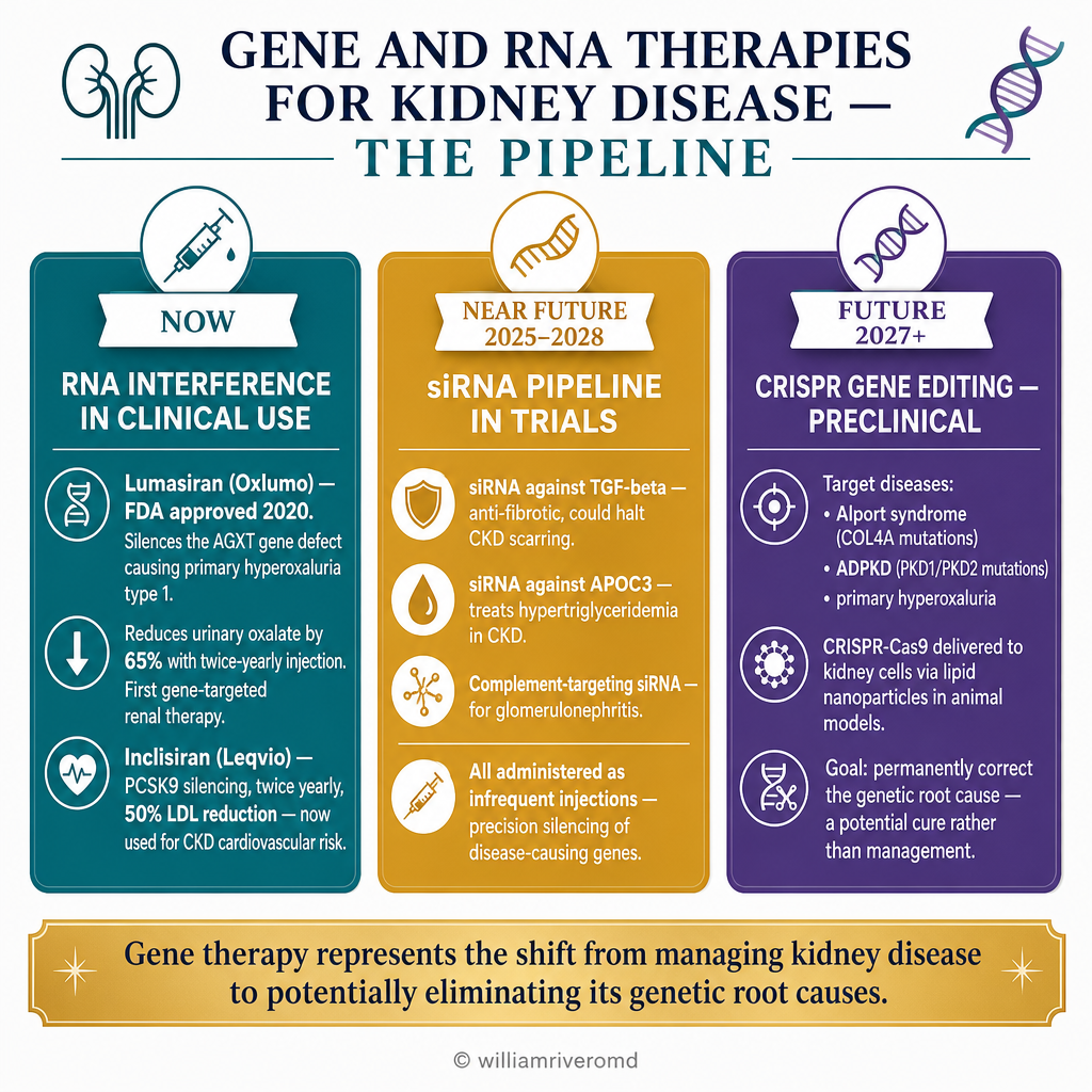 Gene and RNA therapy pipeline for kidney disease — three cards: NOW: lumasiran (FDA 2020) silences AGXT for primary hyperoxaluria, 65% oxalate reduction; inclisiran silences PCSK9 for CKD cardiovascular risk; NEAR FUTURE: siRNA against TGF-beta, APOC3, complement; FUTURE: CRISPR-Cas9 for Alport syndrome, ADPKD, permanent genetic correction via lipid nanoparticles